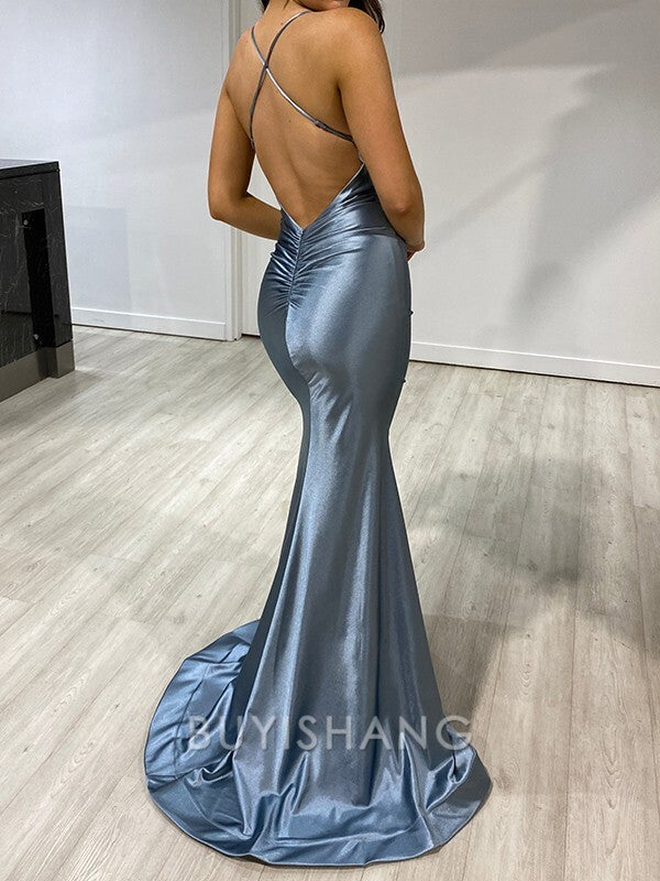 Buyishang Simple Sheath V-neck Pleated Sweep Train Silk Like Satin Dress formal wear dresses