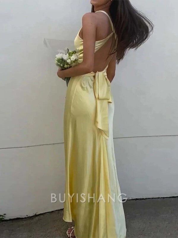 Buyishang Simple Sheath V-neck Pleated Sweep Train Silk like Satin Dress formal wear dresses