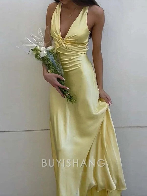 Buyishang Simple Sheath V-neck Pleated Sweep Train Silk like Satin Dress formal wear dresses