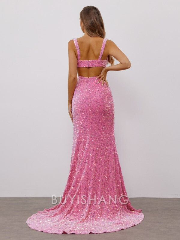 Buyishang Simple Sheath V-neck Sweep Train Velvet Sequins Dress
