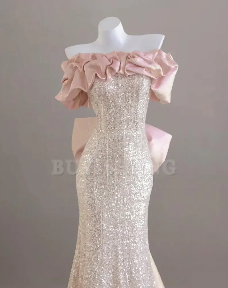 Buyishang Shinny pink sequin prom dress sweet bow train party dress off shoulder evening dress mermaid homecoming dress sleeveless graduation gown