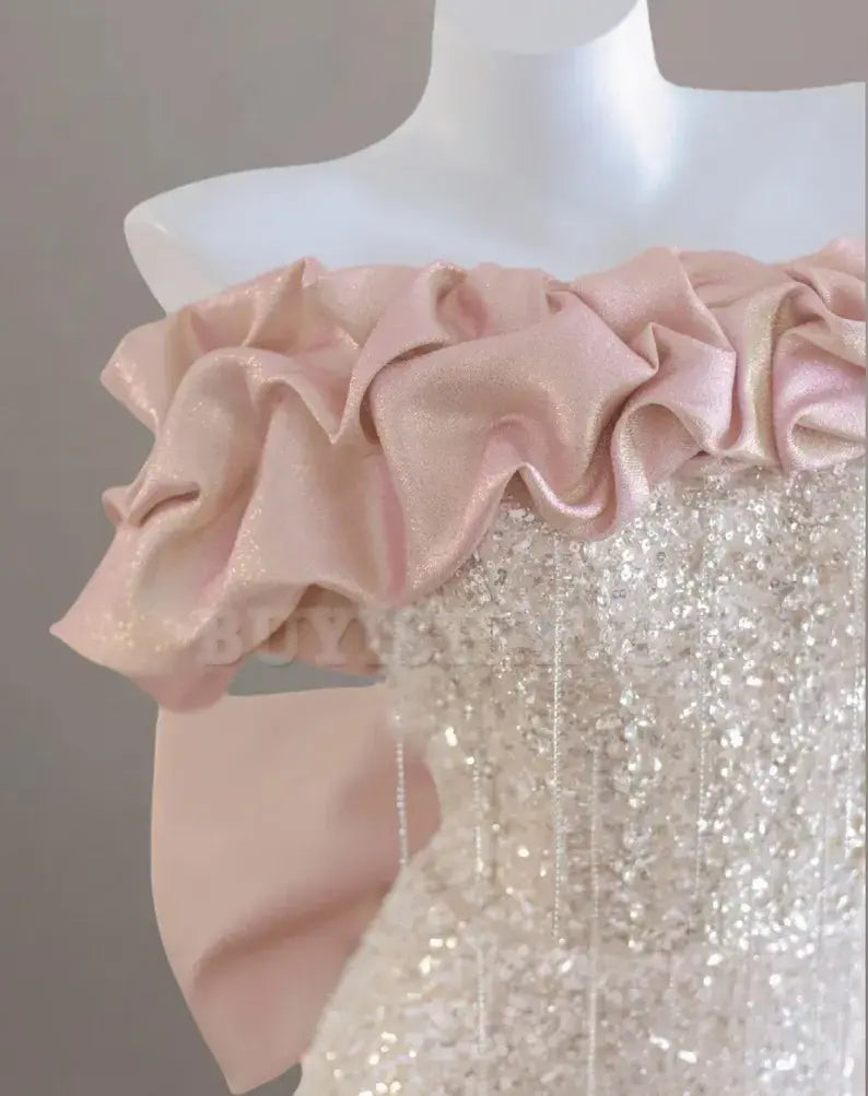 Buyishang Shinny pink sequin prom dress sweet bow train party dress off shoulder evening dress mermaid homecoming dress sleeveless graduation gown