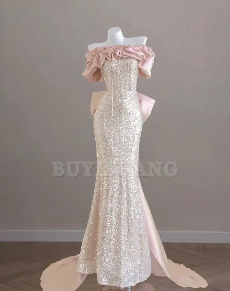 Buyishang Shinny pink sequin prom dress sweet bow train party dress off shoulder evening dress mermaid homecoming dress sleeveless graduation gown