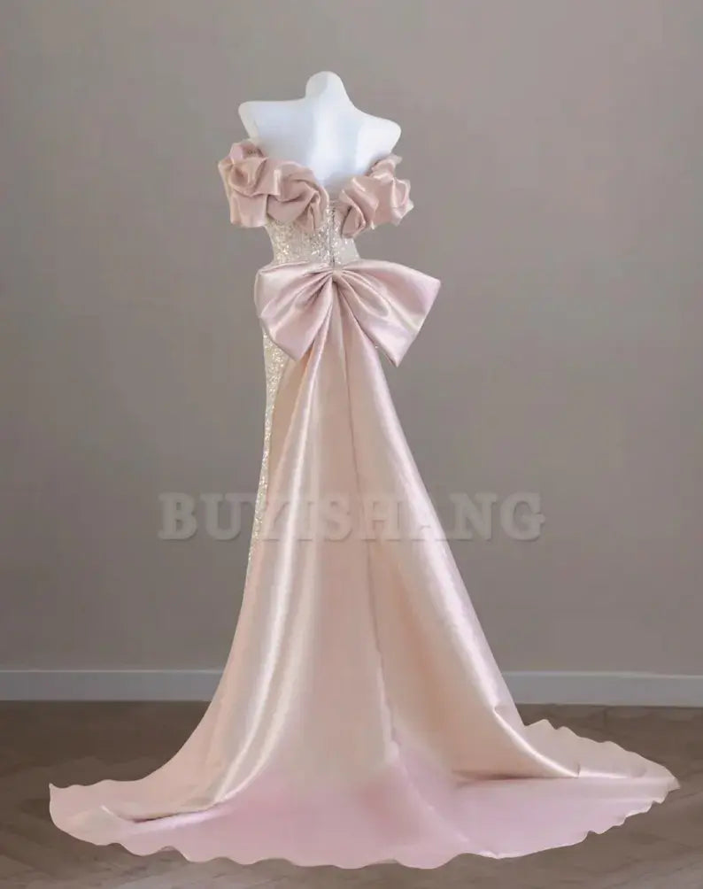Buyishang Shinny pink sequin prom dress sweet bow train party dress off shoulder evening dress mermaid homecoming dress sleeveless graduation gown