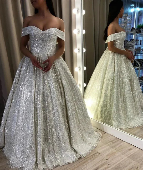 Buyishang Shiny Silver Sequin A-Line Wedding Dresses Off the Shoulder
