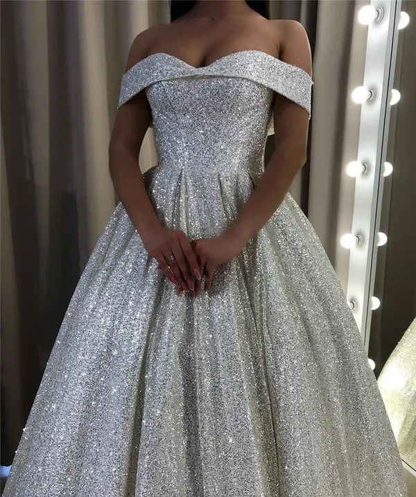 Buyishang Shiny Silver Sequin A-Line Wedding Dresses Off the Shoulder