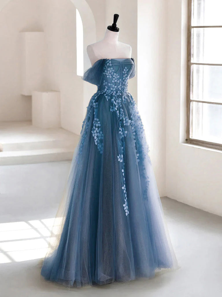 Buyishang A-line Off Shoulder Gray Blue Tulle Long Prom Dress Gray Blue Long Formal Dress