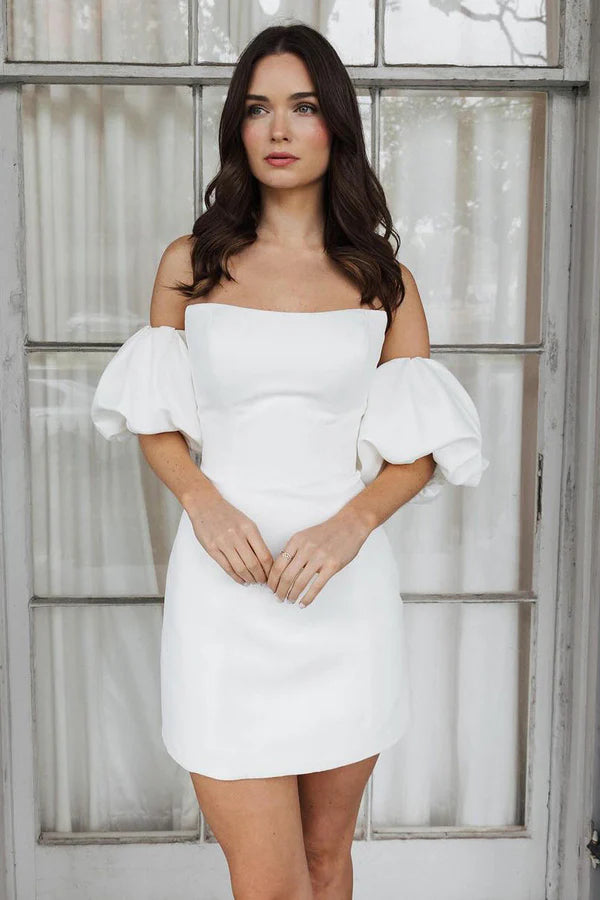 Buyishang Short Satin White Wedding Dress Strapless Off the Shoulder