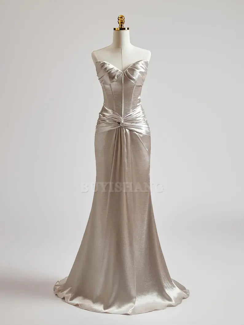 Buyishang Silver Prom Dress with Cris Cross on Waist Long Prom Dress Mermaid Prom Dress Formal Evening Gown Colored Wedding Dress