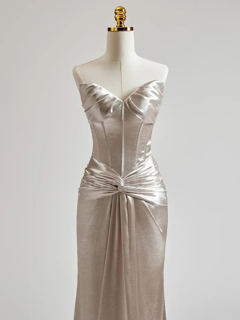 Buyishang Silver Prom Dress with Cris Cross on Waist Long Prom Dress Mermaid Prom Dress Formal Evening Gown Colored Wedding Dress