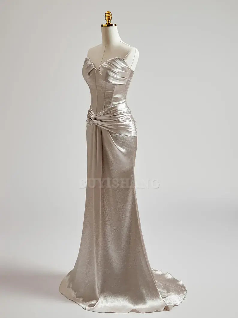 Buyishang Silver Prom Dress with Cris Cross on Waist Long Prom Dress Mermaid Prom Dress Formal Evening Gown Colored Wedding Dress