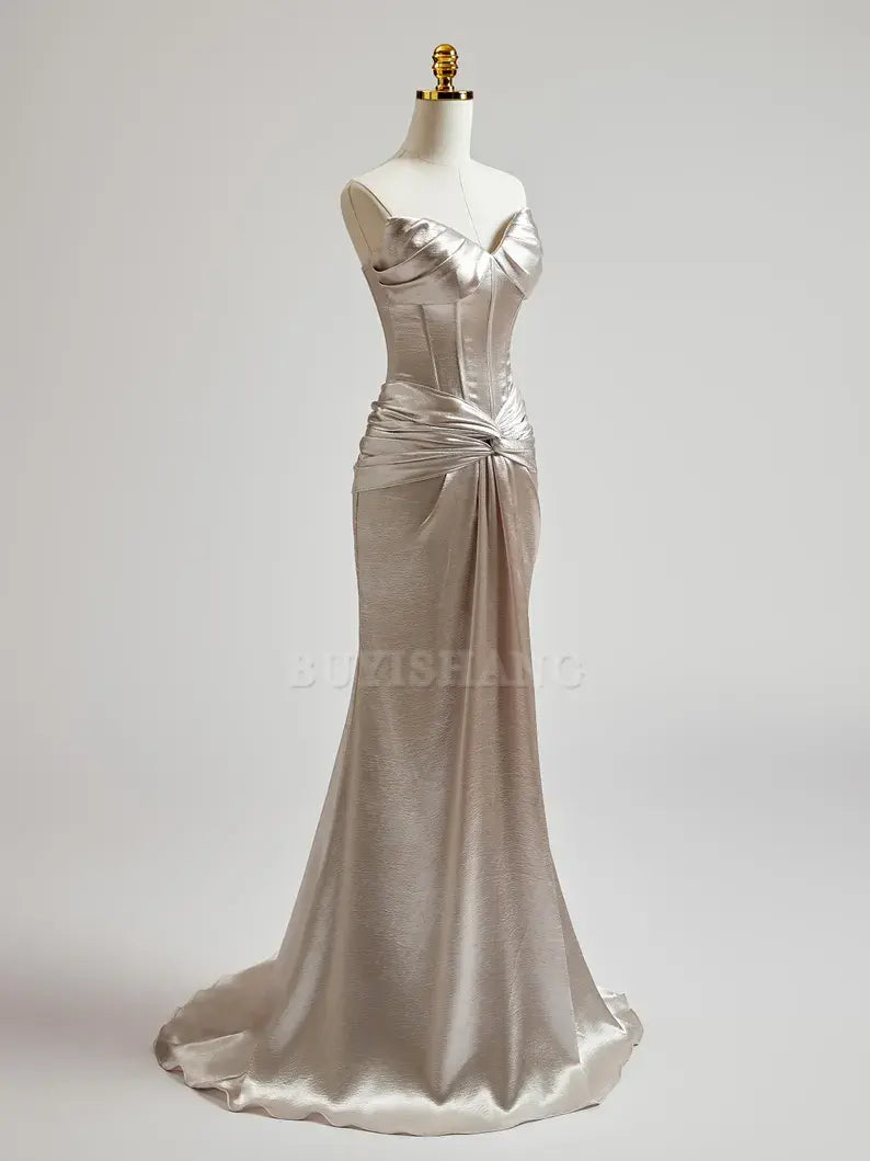 Buyishang Silver Prom Dress with Cris Cross on Waist Long Prom Dress Mermaid Prom Dress Formal Evening Gown Colored Wedding Dress