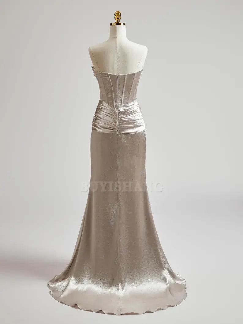 Buyishang Silver Prom Dress with Cris Cross on Waist Long Prom Dress Mermaid Prom Dress Formal Evening Gown Colored Wedding Dress