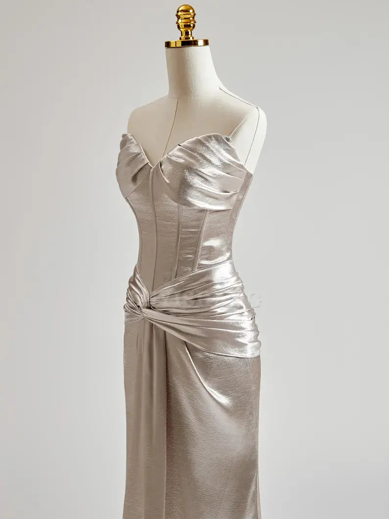 Buyishang Silver Prom Dress with Cris Cross on Waist Long Prom Dress Mermaid Prom Dress Formal Evening Gown Colored Wedding Dress