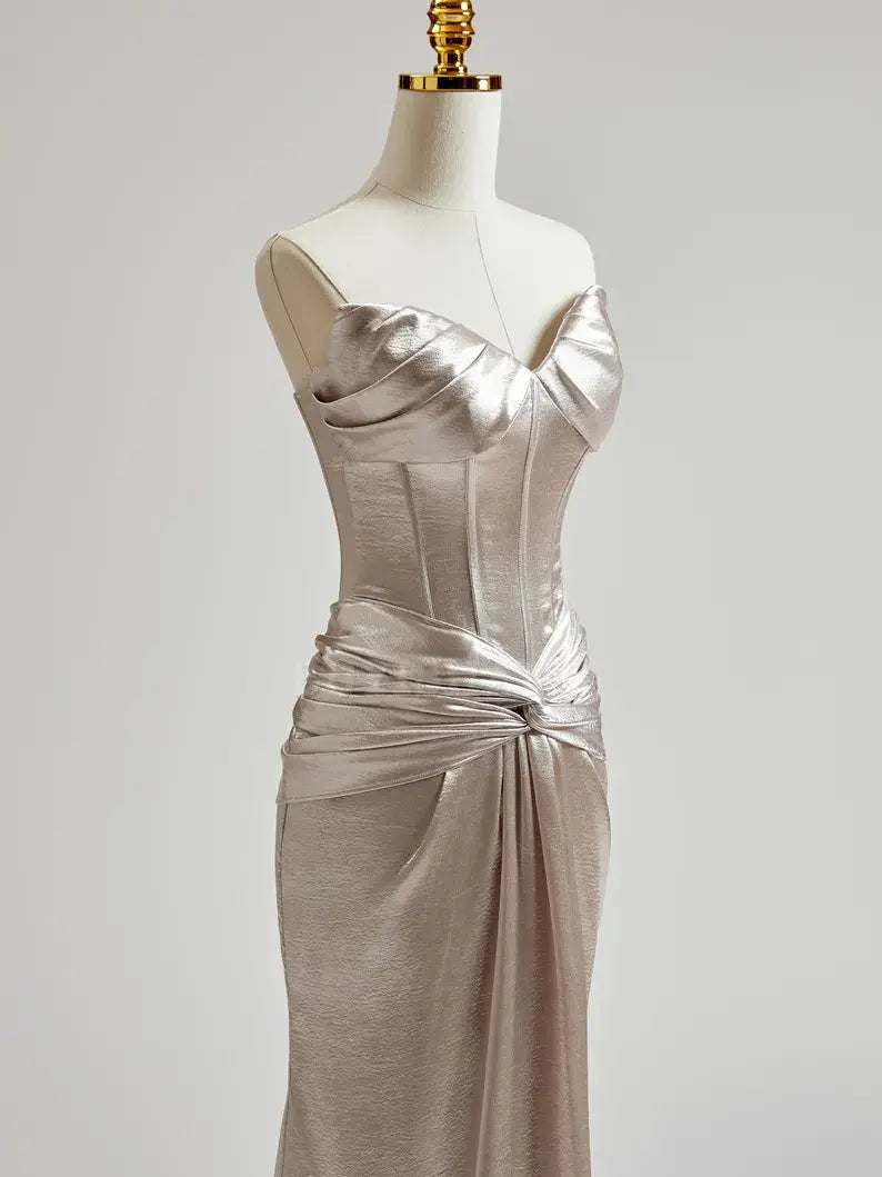 Buyishang Silver Prom Dress with Cris Cross on Waist Long Prom Dress Mermaid Prom Dress Formal Evening Gown Colored Wedding Dress