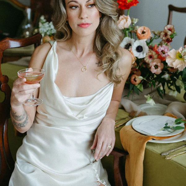 Buyishang Cowl Neck Ivory Sheath Satin Wedding Dresses with Button Slit