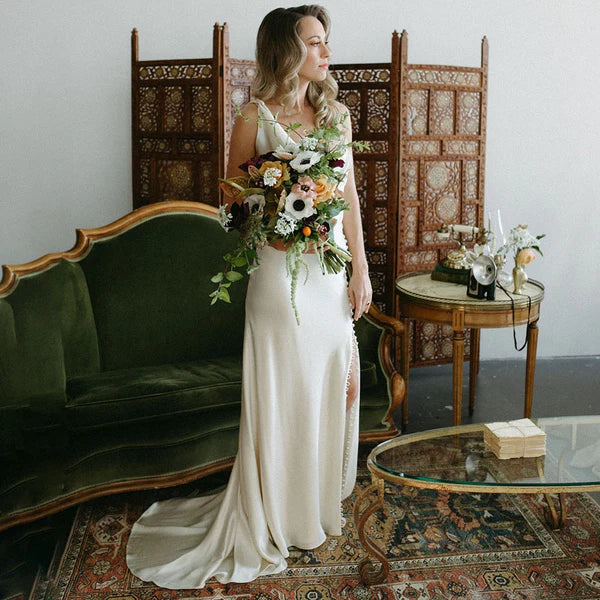 Buyishang Cowl Neck Ivory Sheath Satin Wedding Dresses with Button Slit