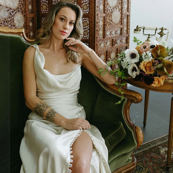 Buyishang Cowl Neck Ivory Sheath Satin Wedding Dresses with Button Slit