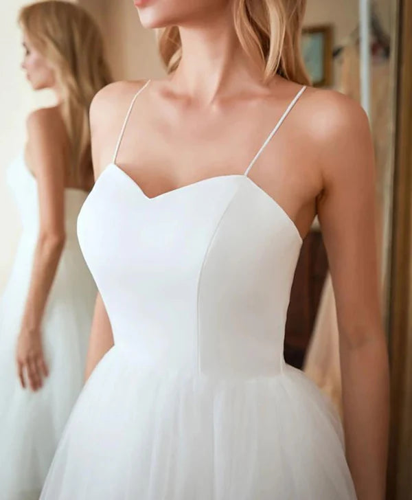 Buyishang A-Line Spaghetti Straps White Satin Tulle Tea-Length Wedding Dresses
