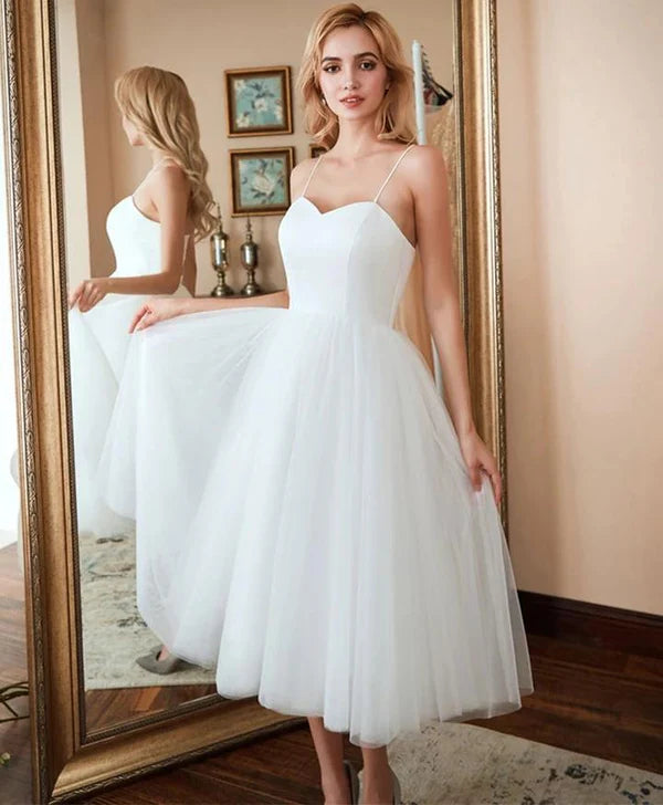 Buyishang A-Line Spaghetti Straps White Satin Tulle Tea-Length Wedding Dresses
