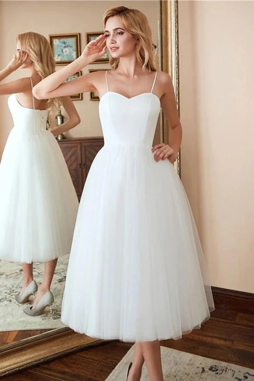 Buyishang A-Line Spaghetti Straps White Satin Tulle Tea-Length Wedding Dresses