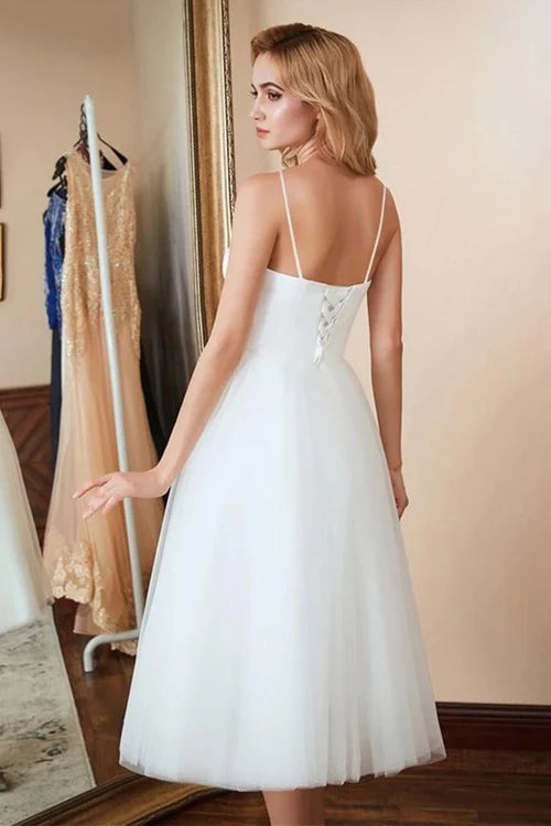 Buyishang A-Line Spaghetti Straps White Satin Tulle Tea-Length Wedding Dresses
