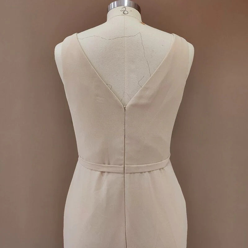 Simple V Neck Sleeveless Sheath Cheap Pleated Long Bridesmaid Dresses With Slit