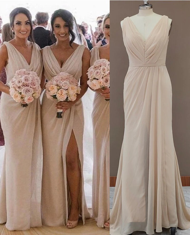 Simple V Neck Sleeveless Sheath Cheap Pleated Long Bridesmaid Dresses With Slit