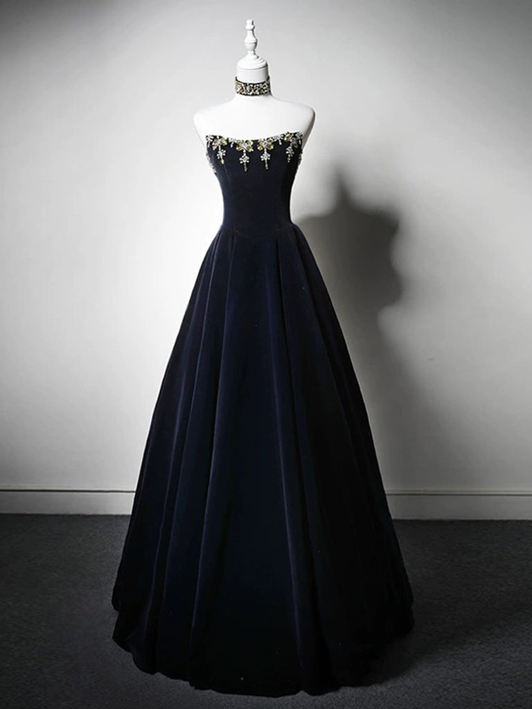 Buyishang Simple A-Line Velvet Dark Blue Long Prom Dress with Beads