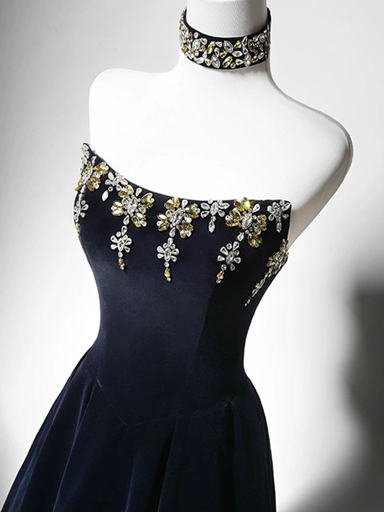 Buyishang Simple A-Line Velvet Dark Blue Long Prom Dress with Beads