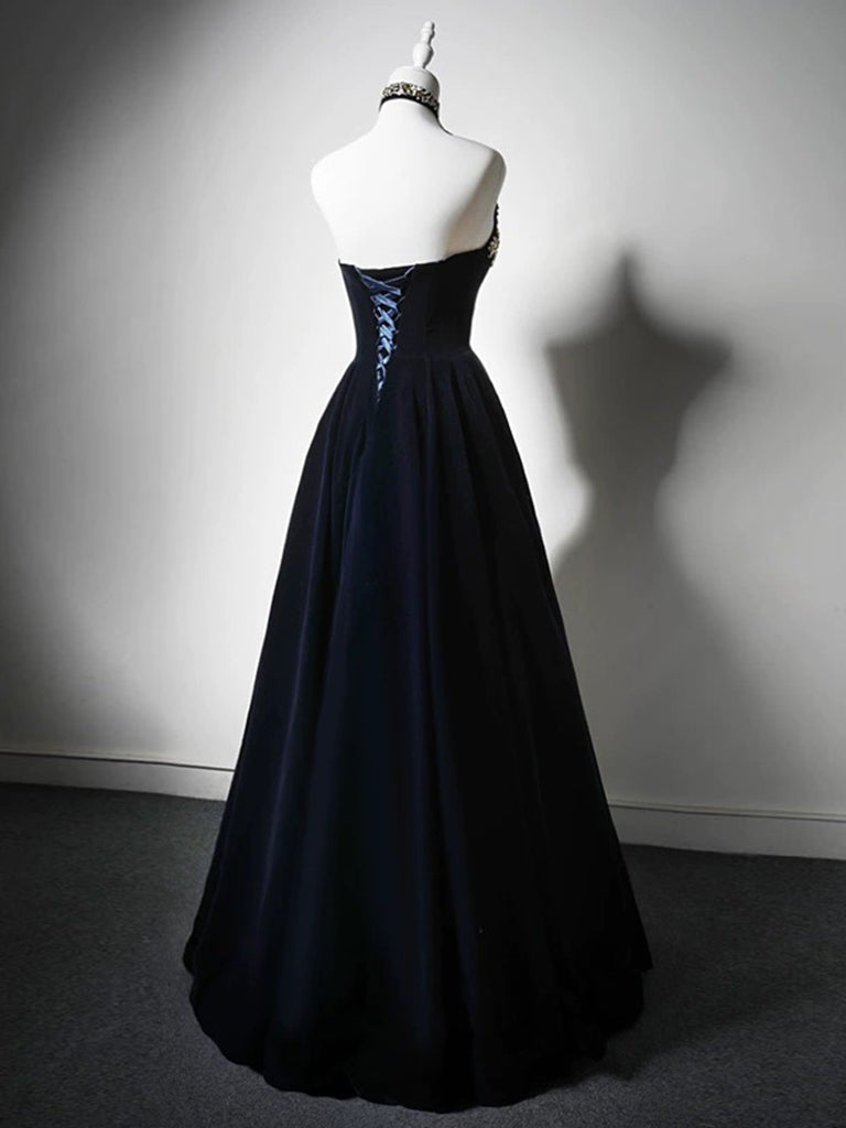 Buyishang Simple A-Line Velvet Dark Blue Long Prom Dress with Beads