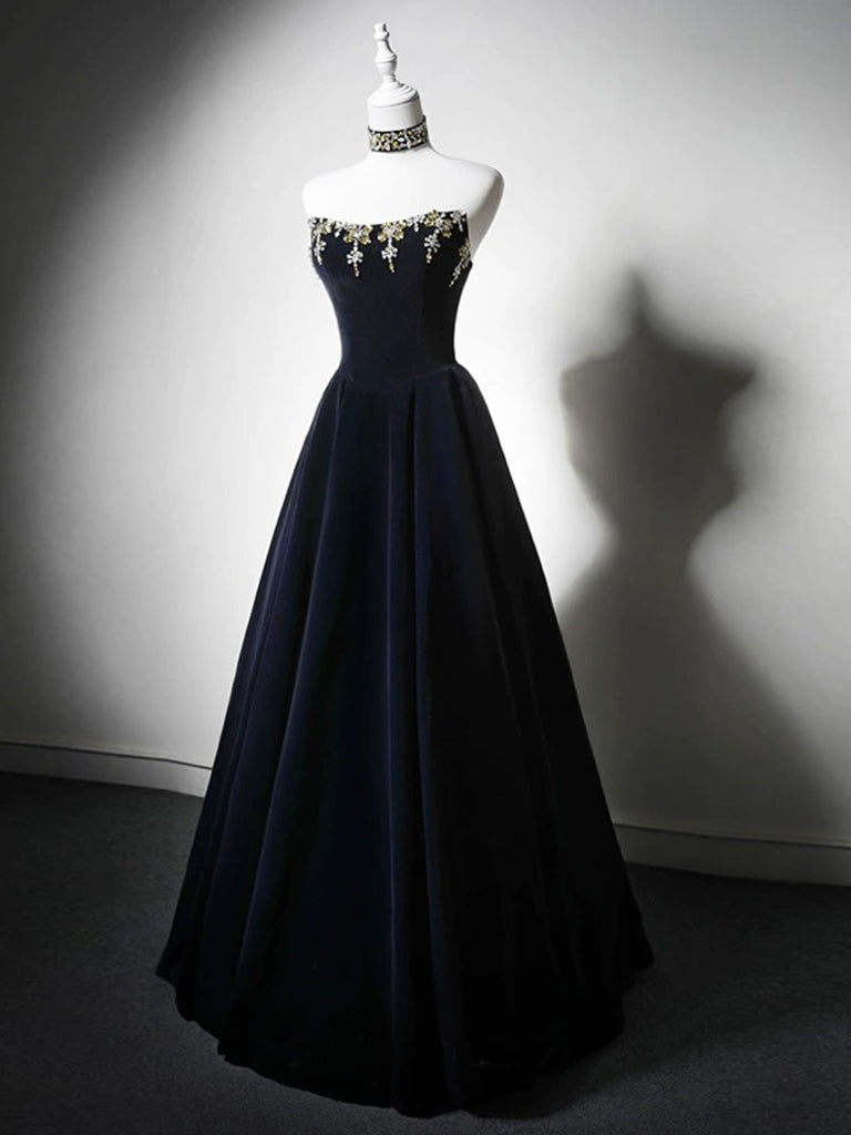 Buyishang Simple A-Line Velvet Dark Blue Long Prom Dress with Beads