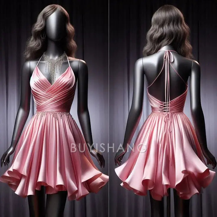 Buyishang Simple A Line Halter Pink Short Birthday Outfits Satin Homecoming Dresses