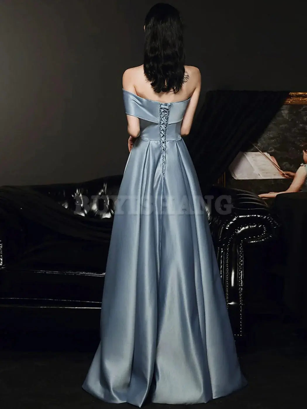 Buyishang Simple A Line Satin Gray Blue Long Prom Dress Gray Blue Long Bridesmaid Dress Bridesmaid dress shop ﻿