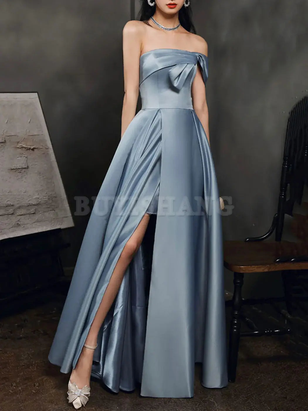 Buyishang Simple A Line Satin Gray Blue Long Prom Dress Gray Blue Long Bridesmaid Dress Bridesmaid dress shop ﻿