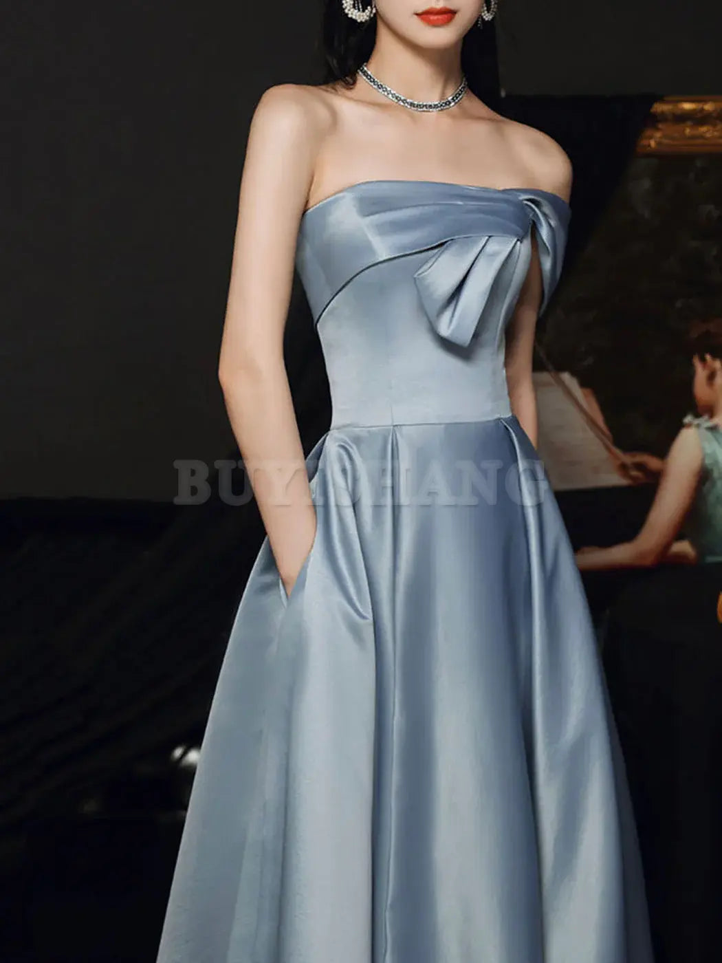 Buyishang Simple A Line Satin Gray Blue Long Prom Dress Gray Blue Long Bridesmaid Dress Bridesmaid dress shop ﻿