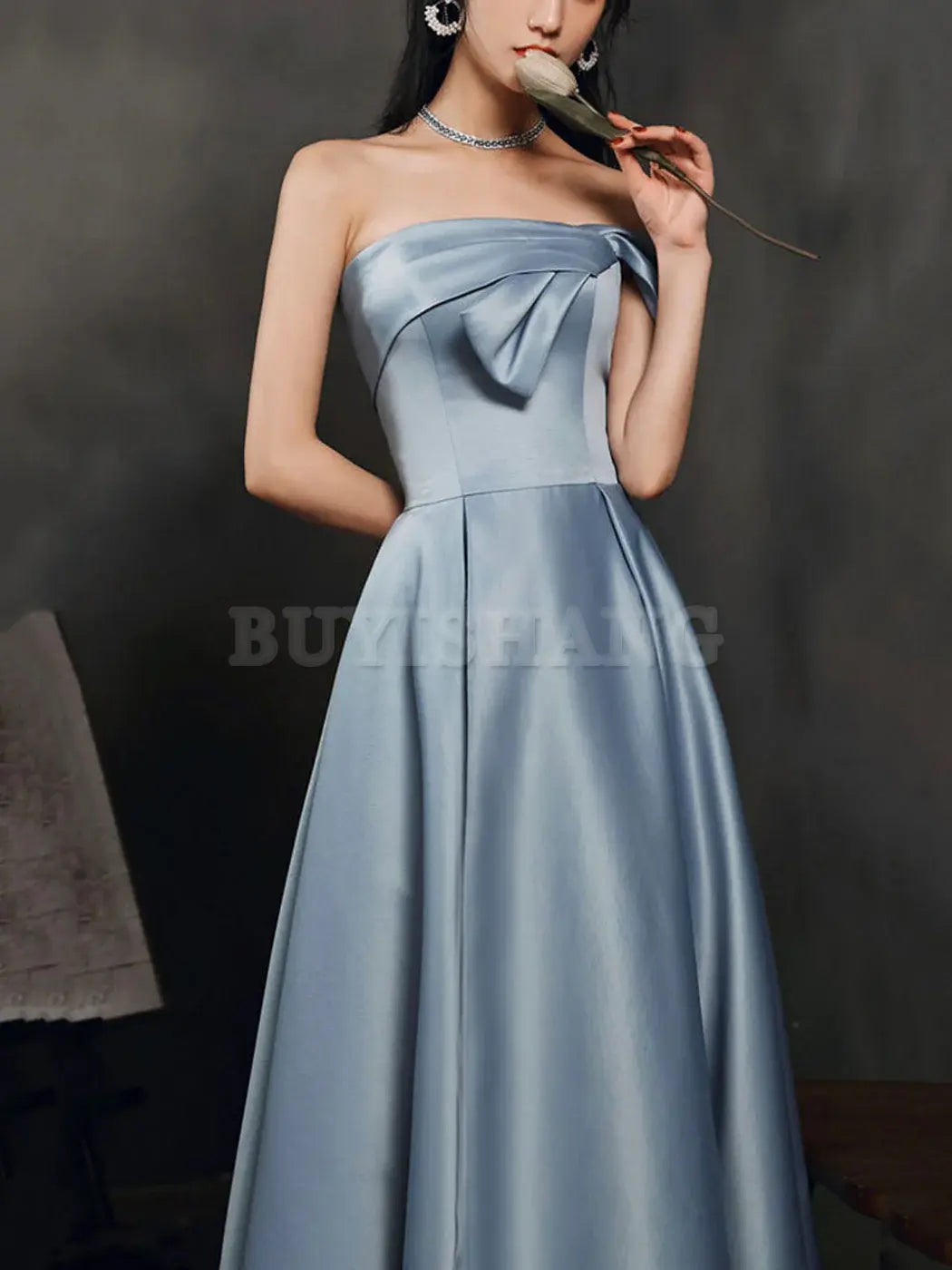 Buyishang Simple A Line Satin Gray Blue Long Prom Dress Gray Blue Long Bridesmaid Dress Bridesmaid dress shop ﻿