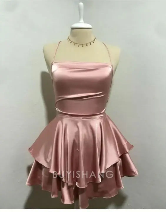 Buyishang Simple A Line Spaghetti Straps Pink Birthday Outfits Satin Homecoming Dresses