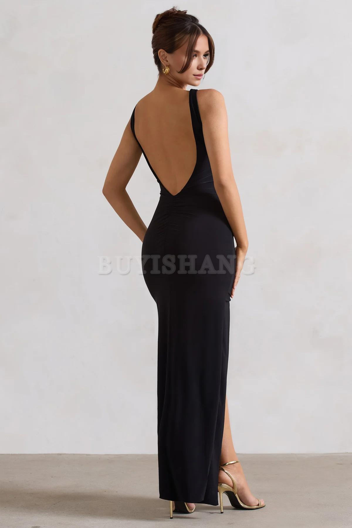 Buyishang Simple Black Square Neck Maxi Dress with Plunge Back and Side Thigh Split formal wear dresses