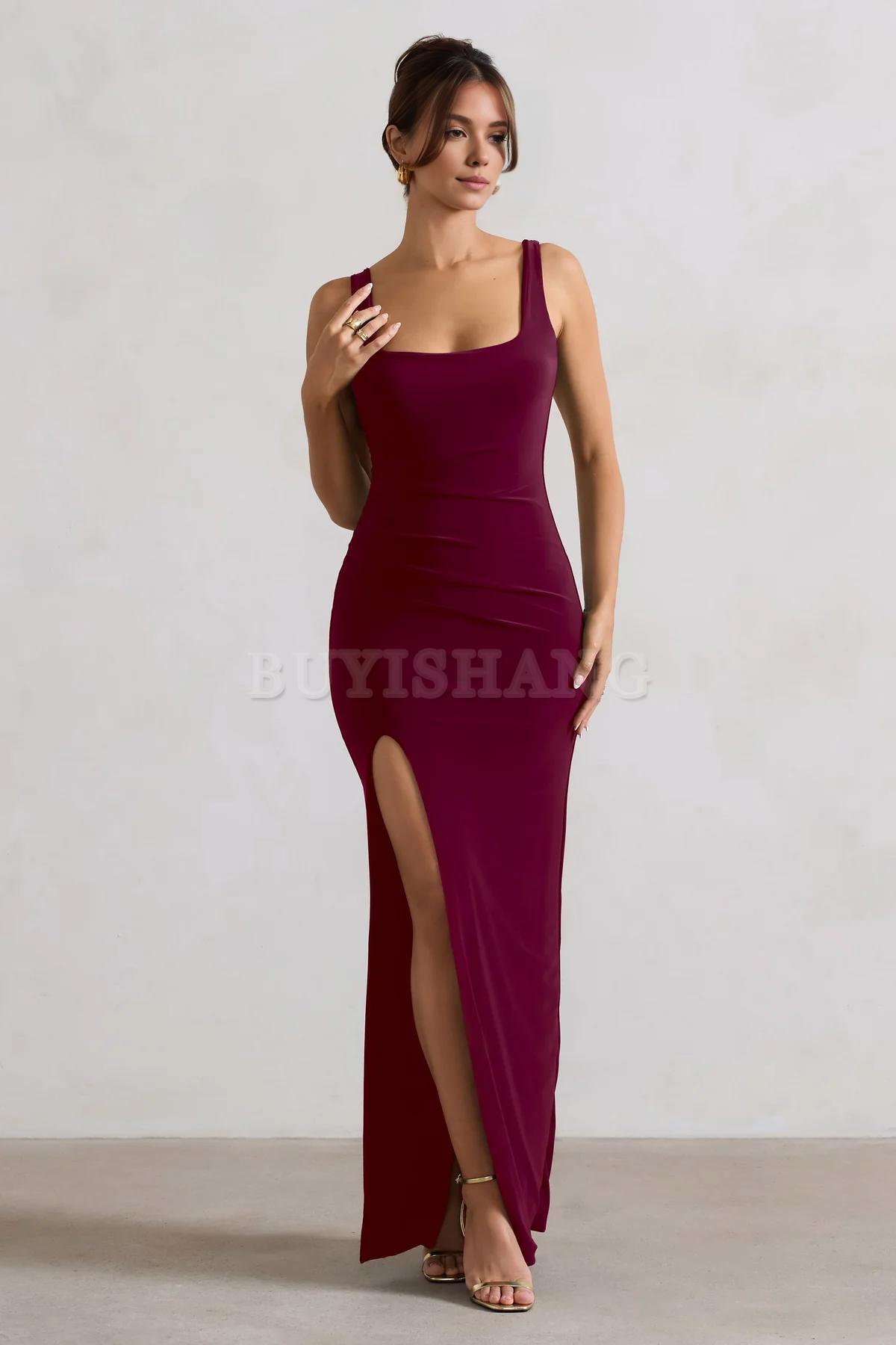 Buyishang Simple Black Square Neck Maxi Dress with Plunge Back and Side Thigh Split formal wear dresses