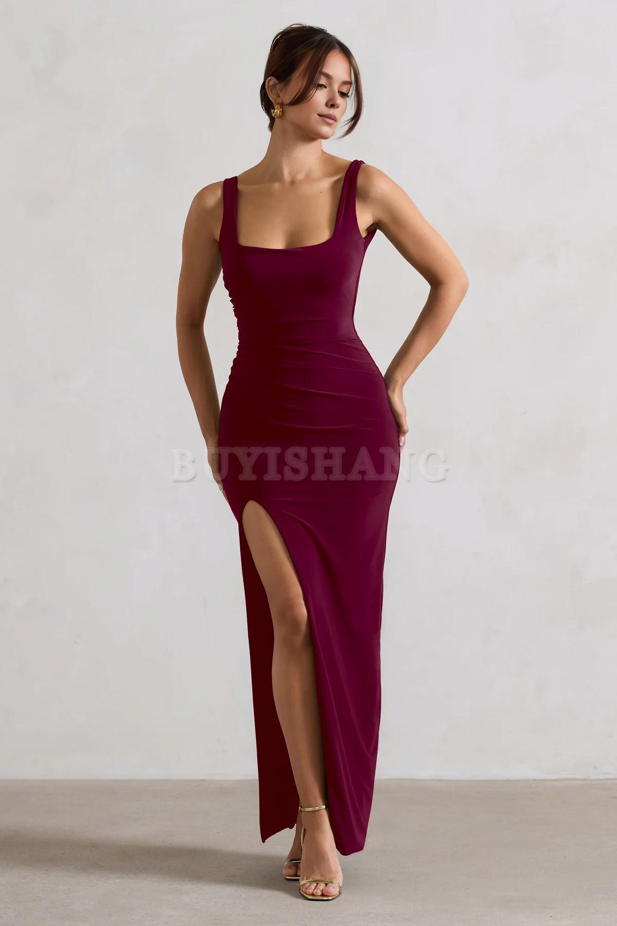 Buyishang Simple Black Square Neck Maxi Dress with Plunge Back and Side Thigh Split formal wear dresses