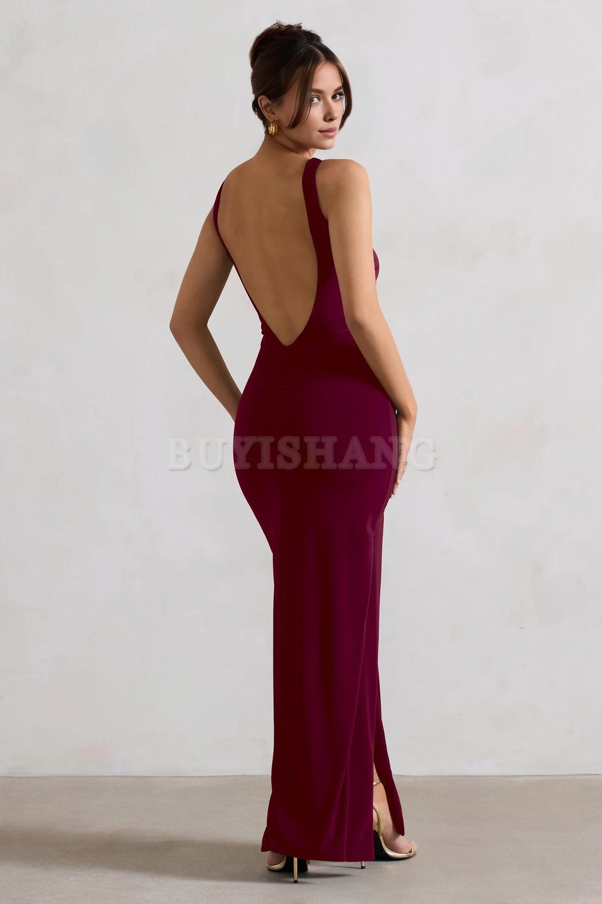Buyishang Simple Black Square Neck Maxi Dress with Plunge Back and Side Thigh Split formal wear dresses