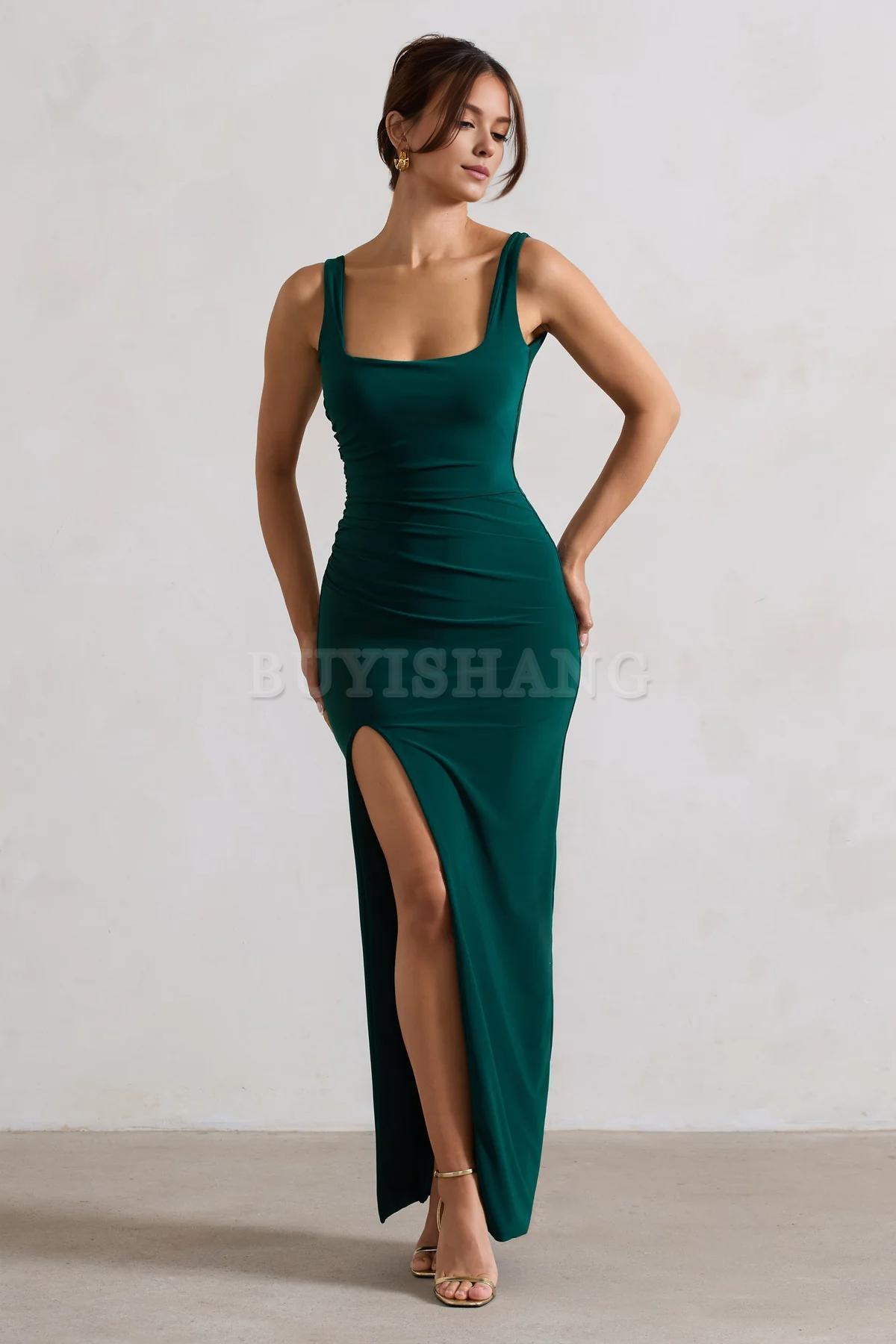 Buyishang Simple Black Square Neck Maxi Dress with Plunge Back and Side Thigh Split formal wear dresses