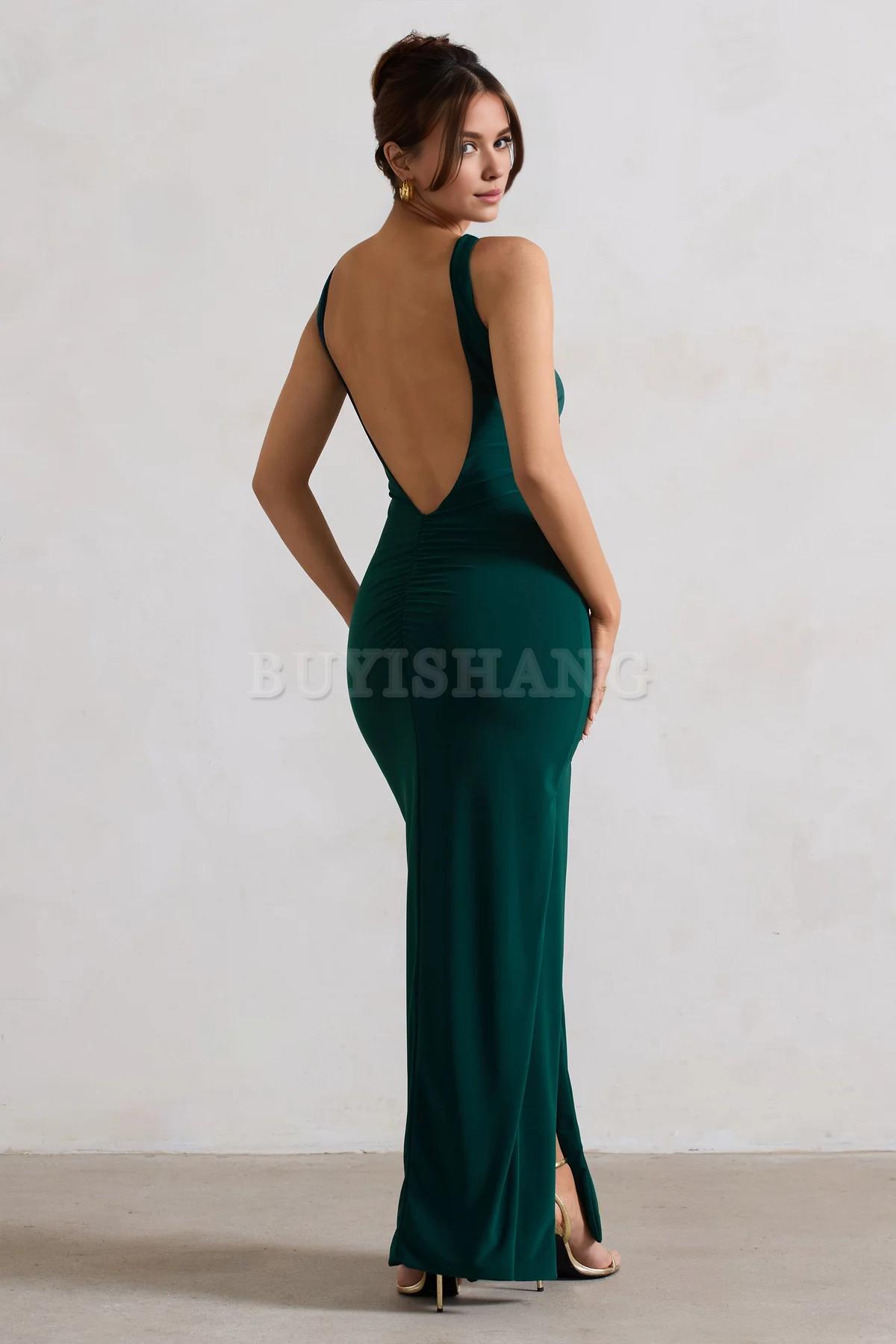 Buyishang Simple Black Square Neck Maxi Dress with Plunge Back and Side Thigh Split formal wear dresses