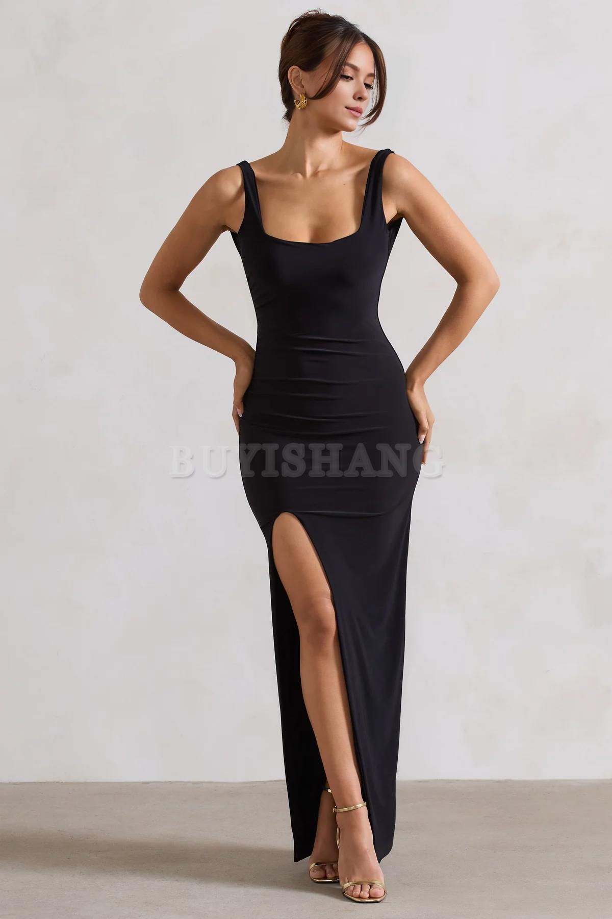 Buyishang Simple Black Square Neck Maxi Dress with Plunge Back and Side Thigh Split formal wear dresses