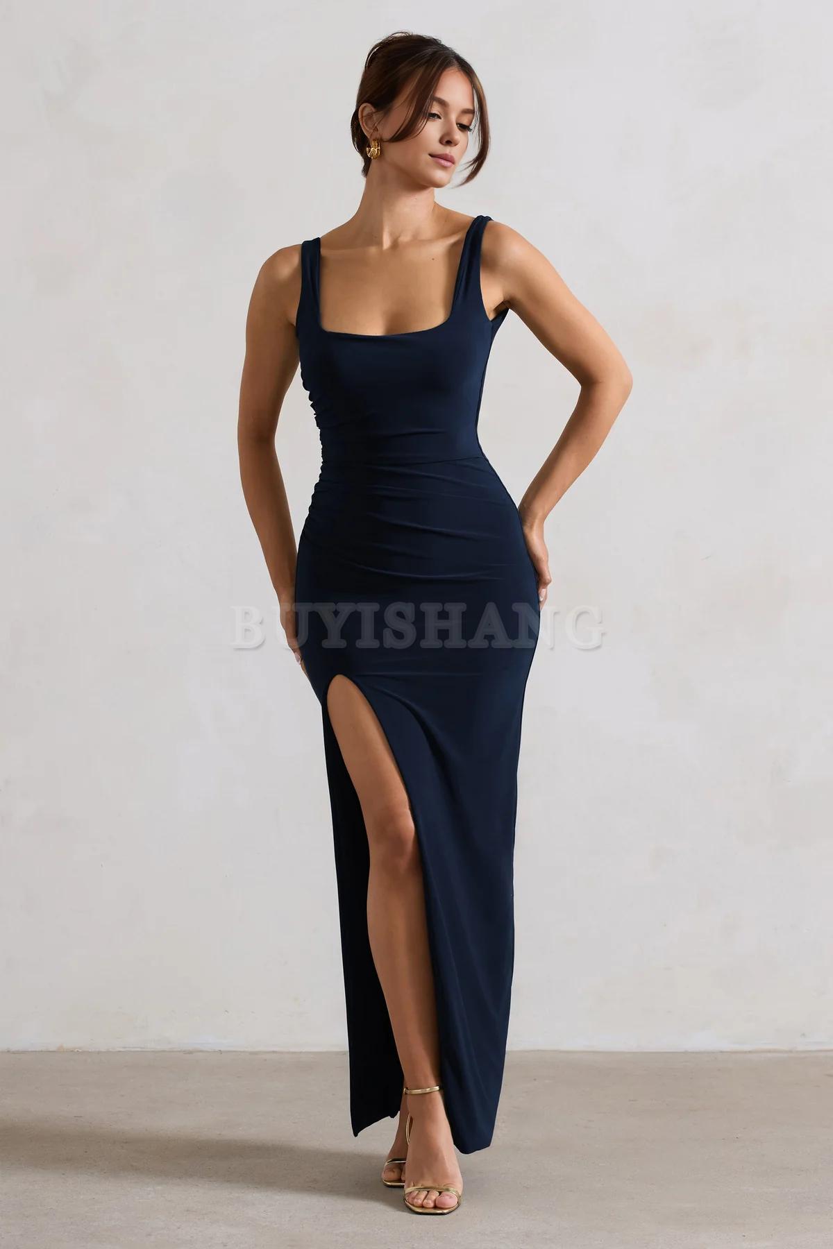 Buyishang Simple Black Square Neck Maxi Dress with Plunge Back and Side Thigh Split formal wear dresses