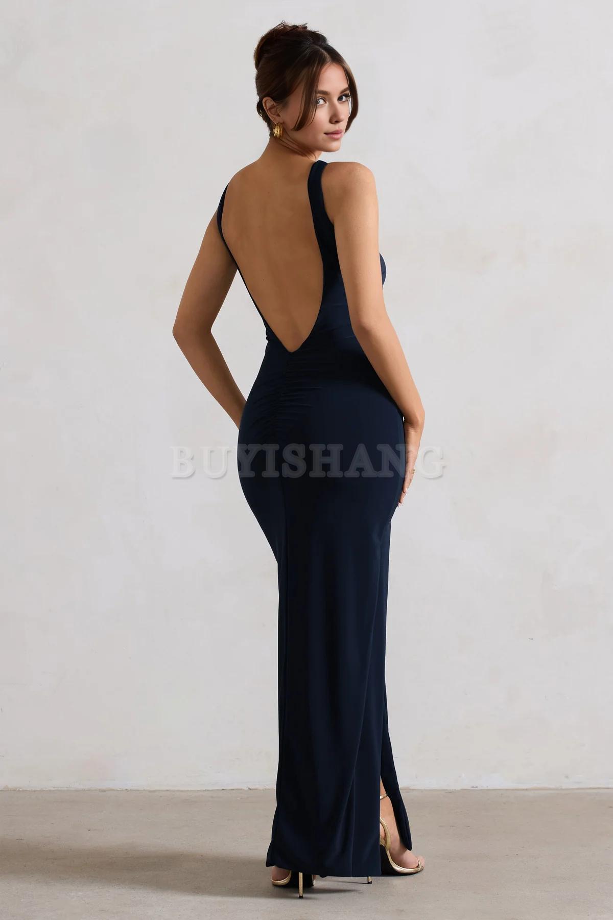 Buyishang Simple Black Square Neck Maxi Dress with Plunge Back and Side Thigh Split formal wear dresses