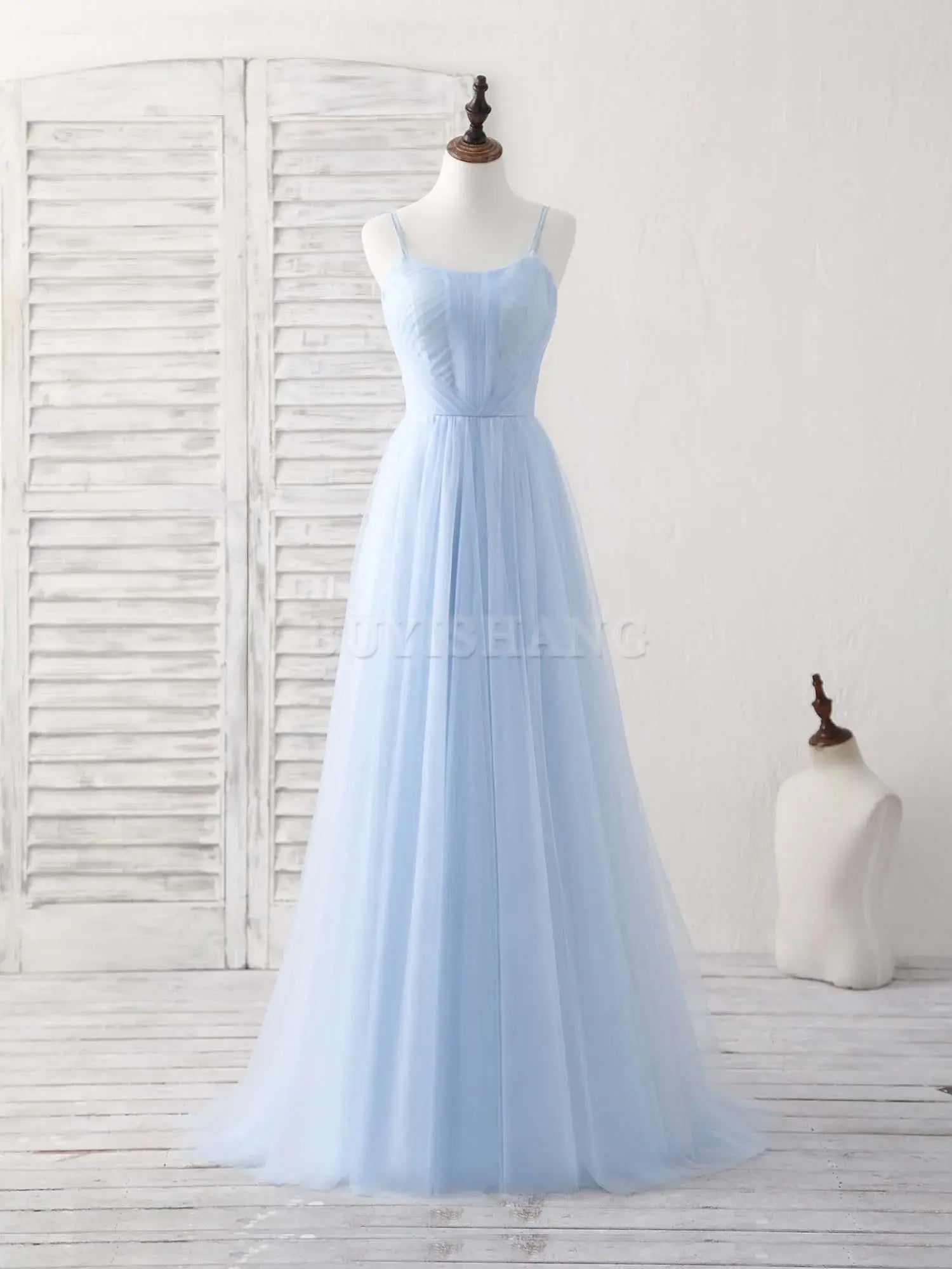 Buyishang Simple Blue Tulle Long Prom Dress Blue Bridesmaid Dress Bridesmaid dress shop