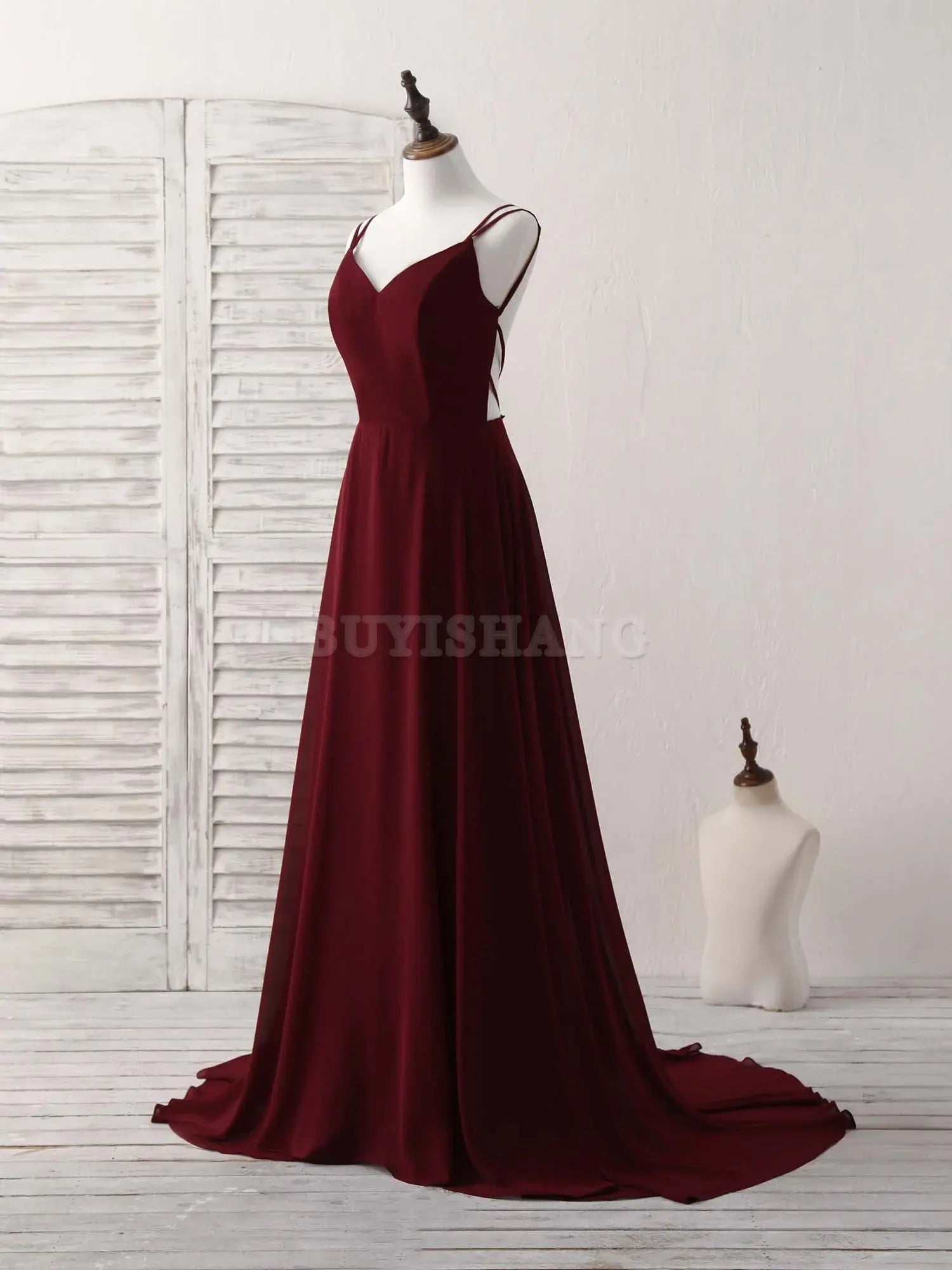 Buyishang Simple Burgundy Chiffon Long Prom Dress Backless Evening Dress Bridesmaid dress shop