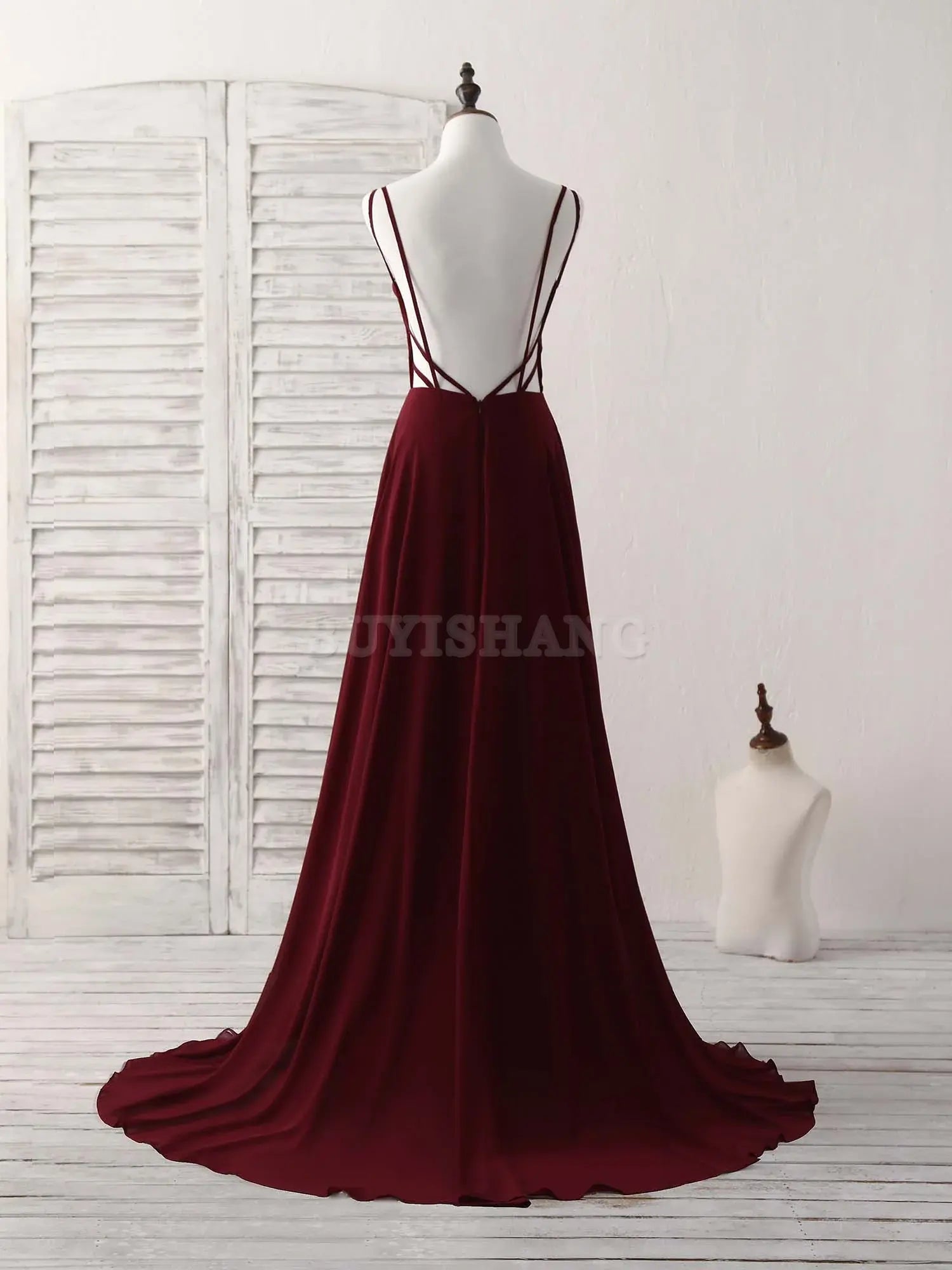 Buyishang Simple Burgundy Chiffon Long Prom Dress Backless Evening Dress Bridesmaid dress shop